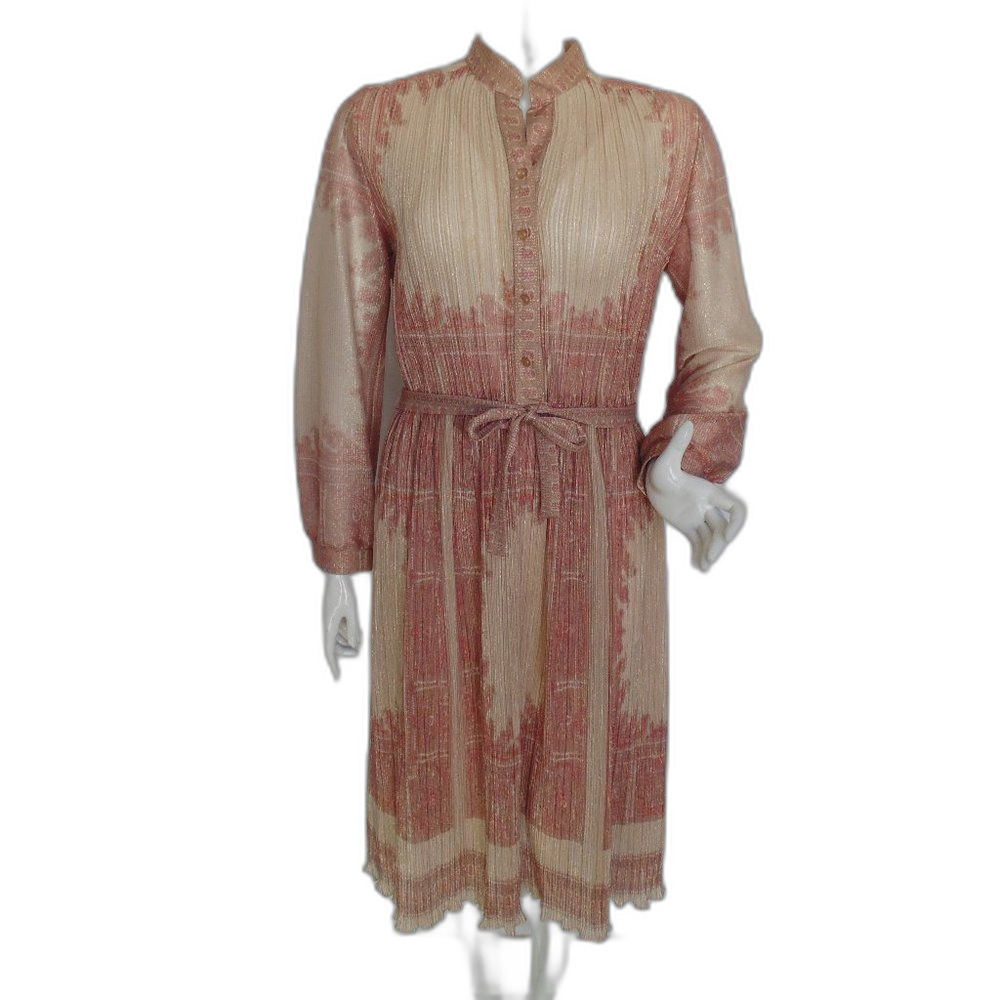 HAL FERMAN Dress, M/L, Metallic, Long sleeve, Micro folds/Stretch, Pink/Tan, 70s